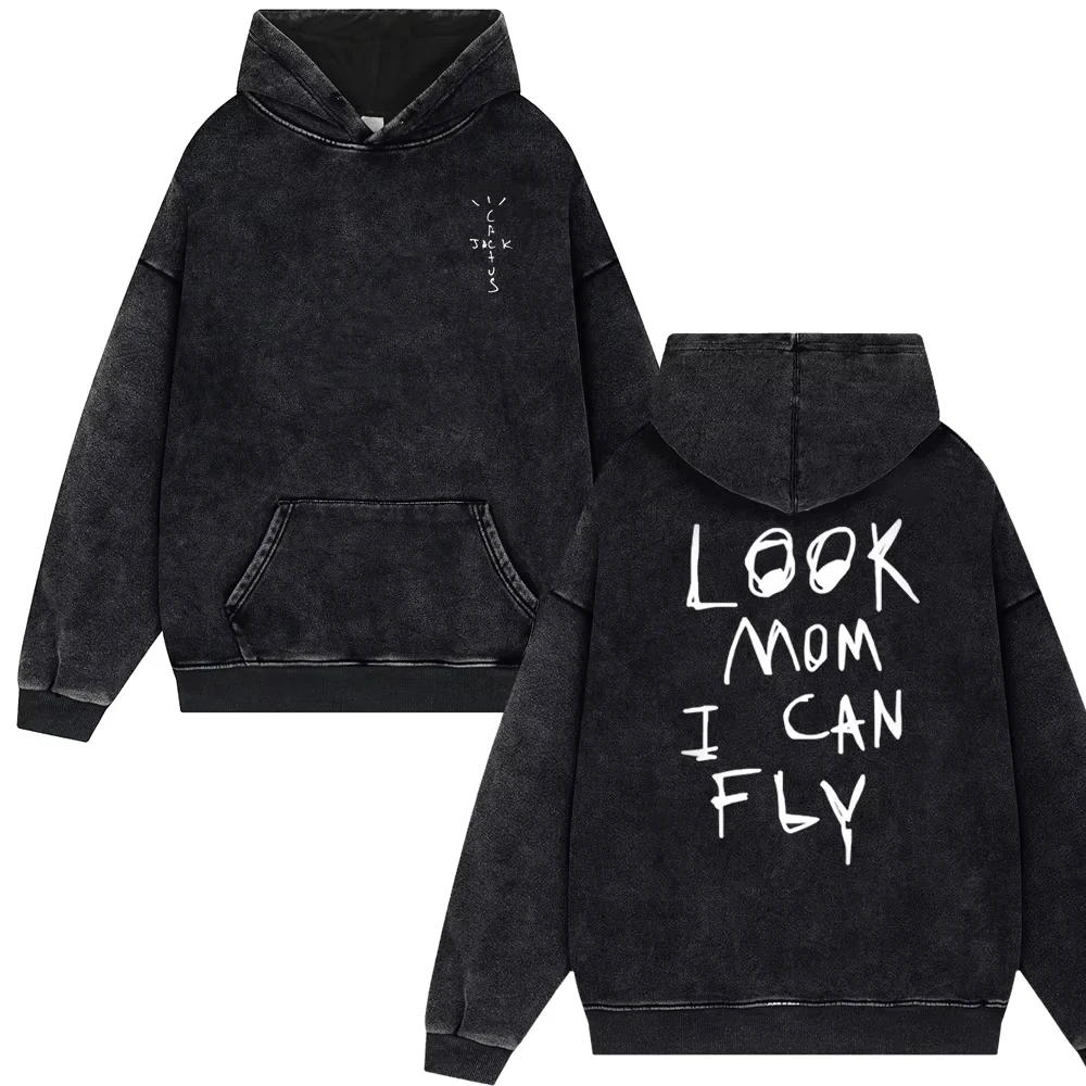 2024 Streetwear Travis Look Mom I Can Fly Vintage Washed Hoodies Men Scott Unisex Harajuku Hip Hop Pullover Male Oversized Tops