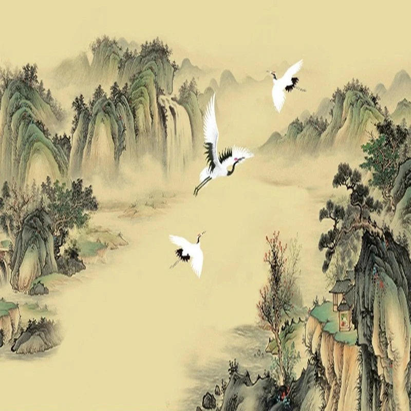Chinese Style Landscape Mural Wallpaper Custom Hand-Painted Mountain Art Wall Decor Background for Living Room Corridor Study