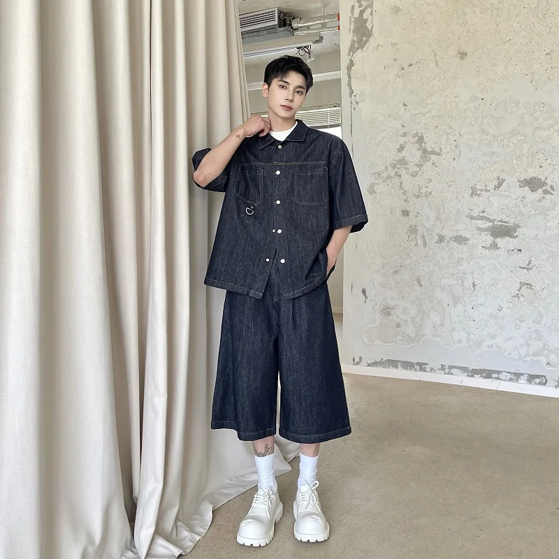 

Summer Casual ort Sve Denim irt Set Men's Waed Retro Knee-Length orts Two-Piece Set Faionable Ensemble