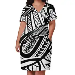 Czarno-biały Poly Print luźna kieszeń sukienka damska sukienki z nadrukiem V Neck Casual Dress nowy projekt polinezyjski plemienny Samoan