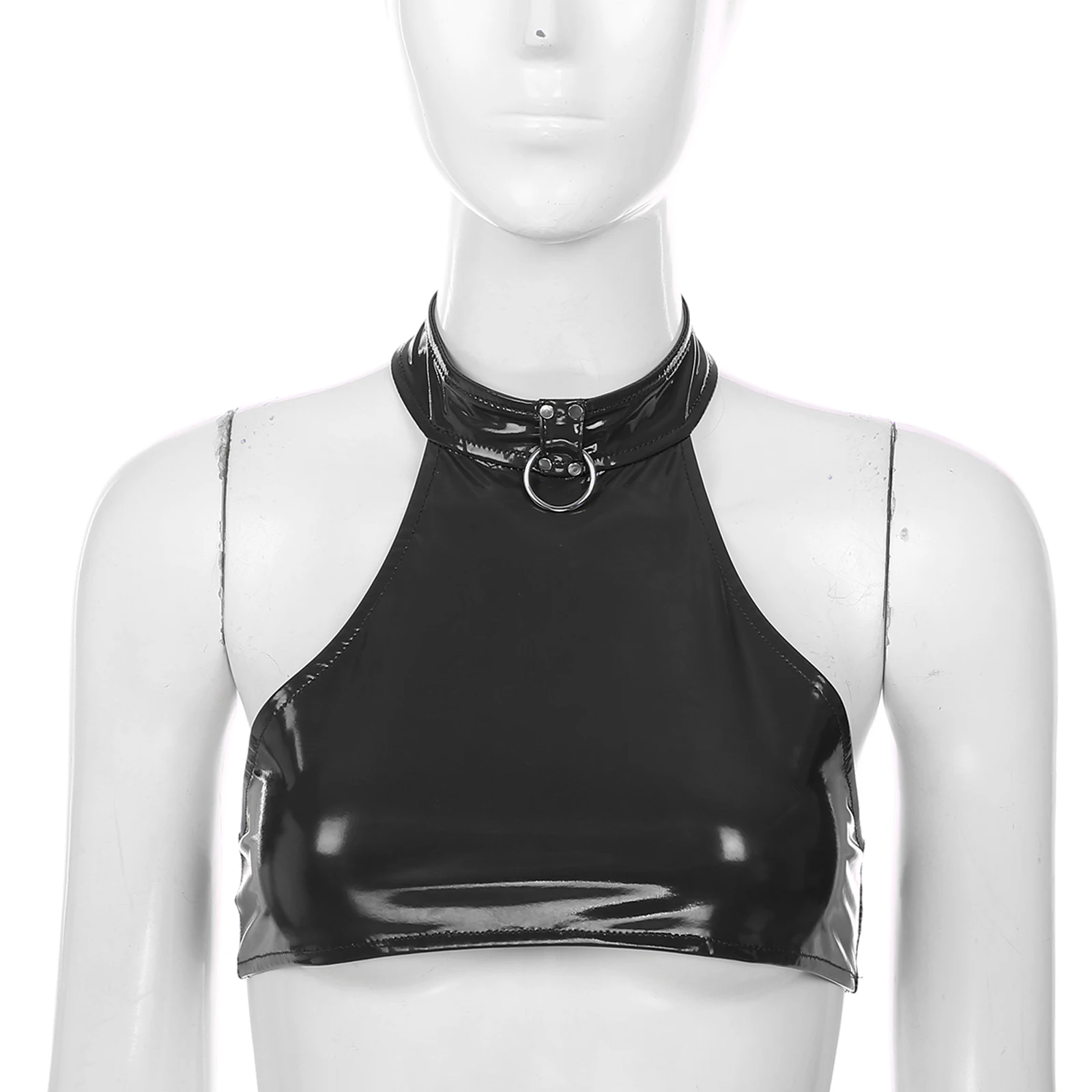 Sexy Womens Crop Top Fashion O Ring Halter Vest Backless Sleeveless Patent Leather Tank Tops for Party Club Music Festival