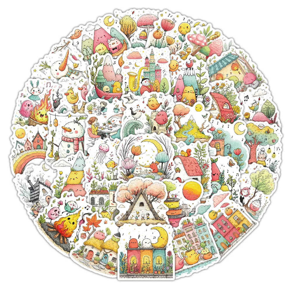 60pcs Kawaii Healing Illustration Stickers Cute Cartoon Scene Decals for Journaling Scrapbooking Notebook Personalized Decor