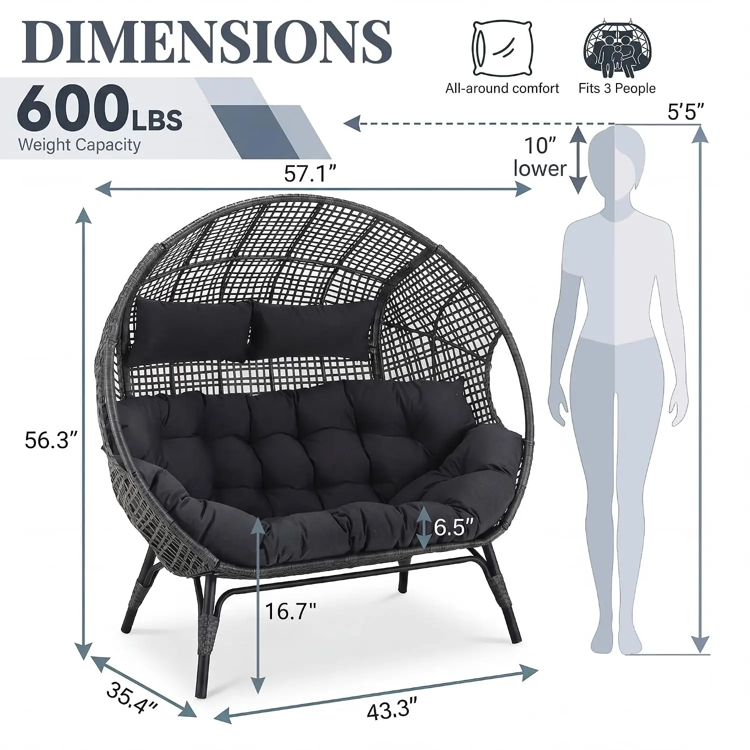 Double Egg Chair Indoor Outdoor Stationary Oversized 6.5" Thick Padded Cushions,2 Person Egg Wicker Loveseat Chairs