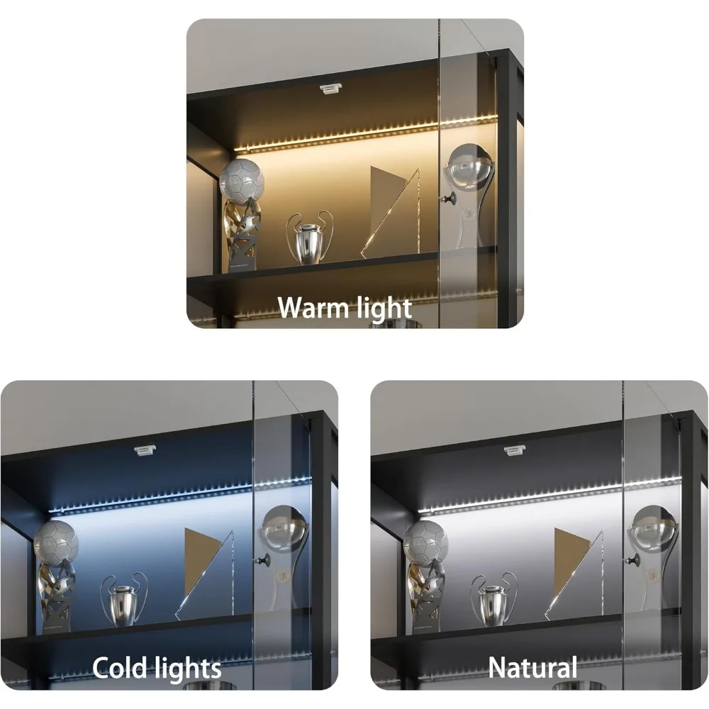 Lemari Pajangan Kaca Empat Tingkat dengan Lampu LED Sensor untuk Koleksi, Hitam