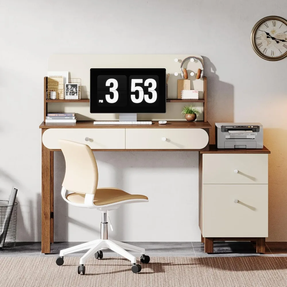 

Computer desk with 4 file drawers, 56 inch office desk with storage space, modern writing study desk with bookshelf and printer