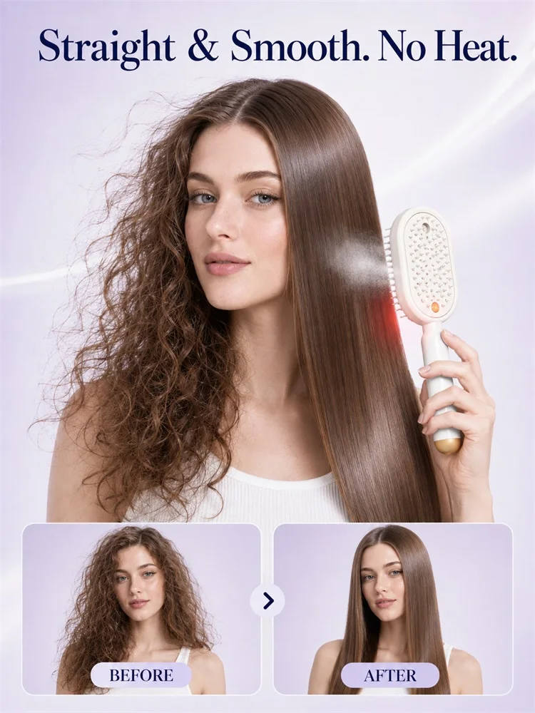 Electric Hair Straightener Brush No Heat with Fine Mist Spray Red Light Therapy Straightening Scalp Massage Cordless Fast Charge