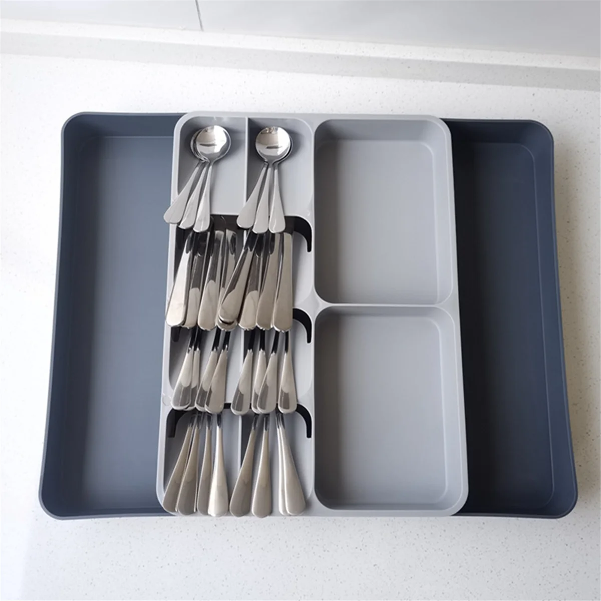 Kitchen Drawer Organizer Tray for Silverware Cutlery Utensils and Gadgets, Expandable, Gray