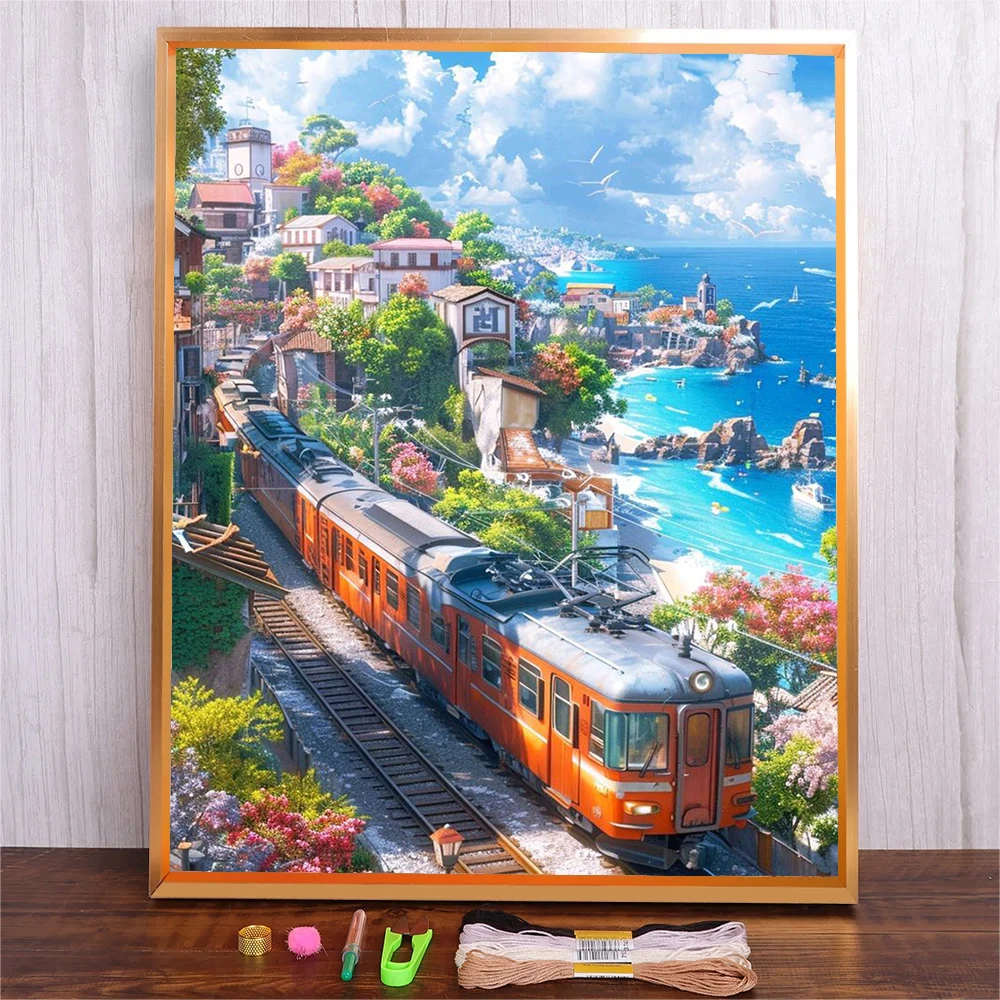 

Home Decoration Needlework Crafts DIY Seaside Town Patterns Embroidery Starter Kit Train Landscape Full Range Cross Stitch Set