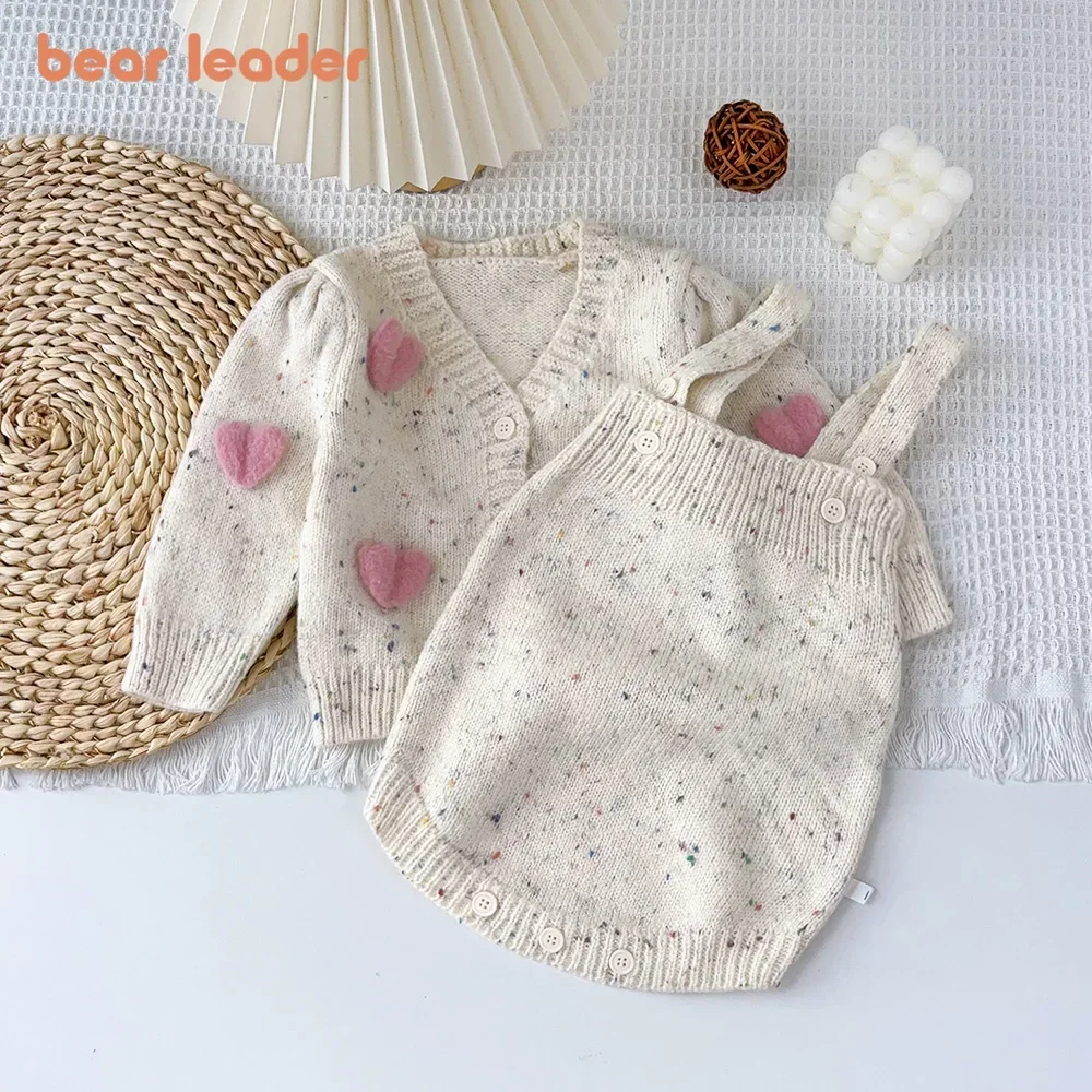 Bear Leader Baby Girl Outfit Set Girls\' Beige Clothes Pink 3D Heart Decoration Sweater V-neck Cardigan+Suspender Jumpsuit