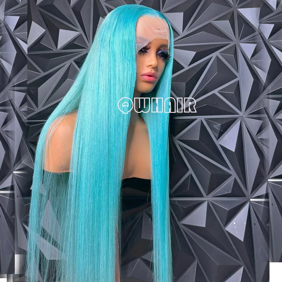 

QW Synthetic Hair Sky Blue Straight 13X4 Soft Lace Front Wig For Women Hair Heat Resistant Fiber Cosplay Daily