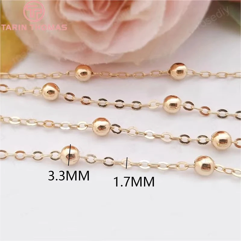 (4288)1 Meter Width 1.7MM 24K Champagne Gold Color Plated Brass Station Ball beads Flat Oval Chains Necklace Chains Accessories