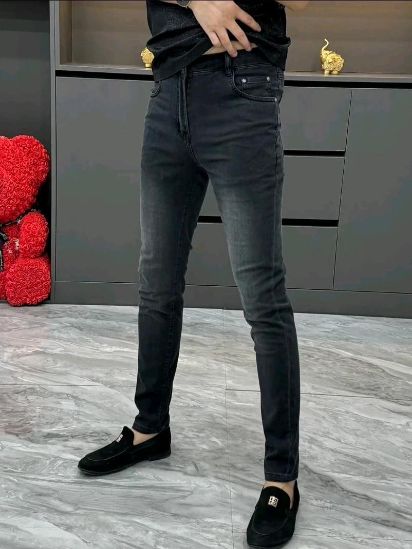 

Spring Autumn Men's Faionable High Elastic Slim Fit Jeans Trendy Versatile Casual mid Waist Zipper ket Antibacterial