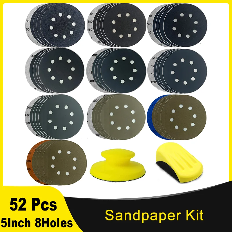 

5 Inch 8 Holes Sanding Paper Kit 52 Pcs Hook and Loop 60-10000 Grits with Hand Sander for Automotive Metal Polishing Wood