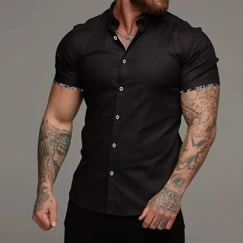 Men\'s Summer 2024 Solid Color Business Professional Dress Shirt Floral Cuffs Basic Short Sleeves Black And White Optional