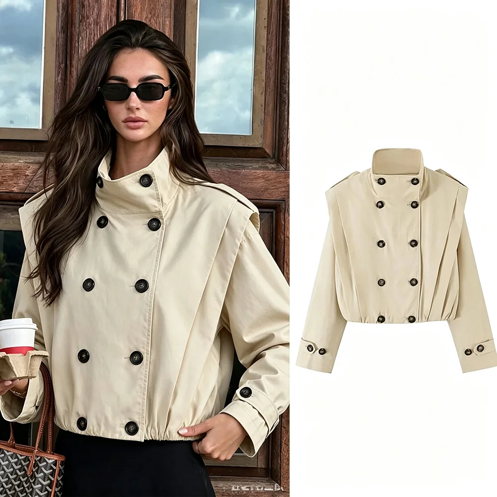PRINTKAOIR Streetwear Chic Damen Trenchcoat Stehkragen Doppelreihiger Langarmmantel Neue Mode 2026 Herbst Trenchcoat