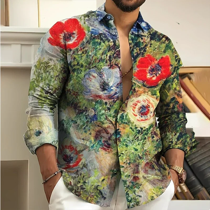 Camisa floral versátil casual masculina, de manga comprida, de peito único, lapela, moda de rua, nova, outono