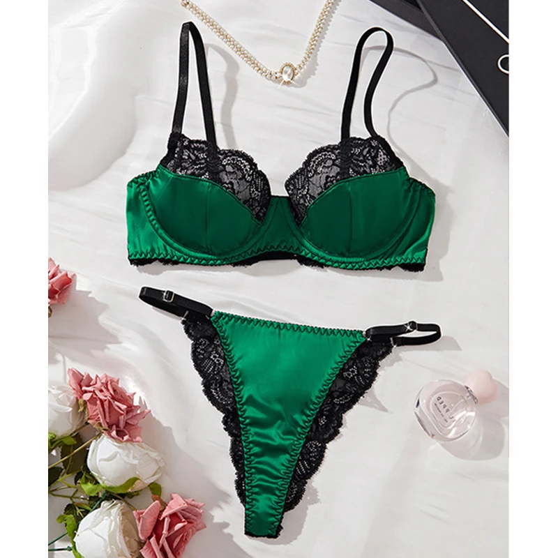 

Sexy Lingerie Luxury Satin Splicing Lace Underwear Dark Green Bra Sets Ultra Thin Erotic Lingerie Women Translucent Lingerie Set