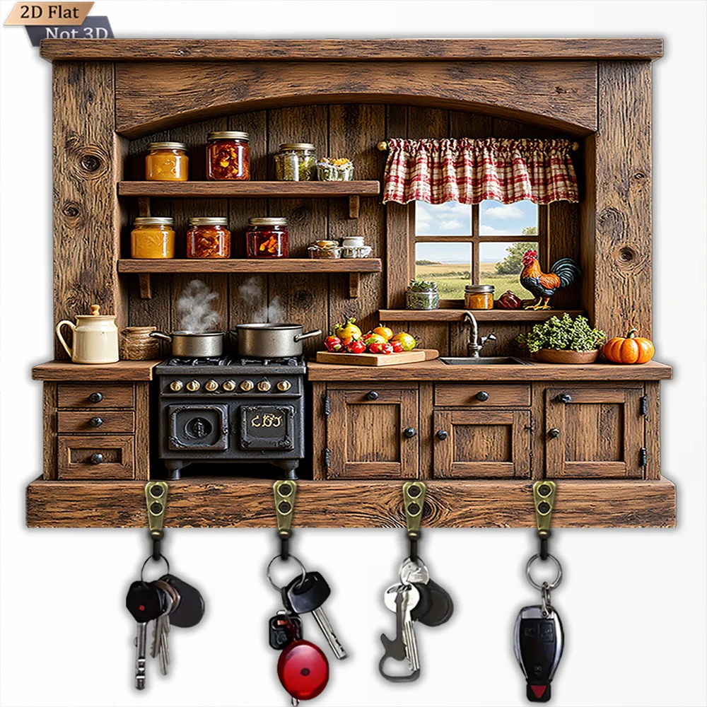 2D Flat, 1pc, Vintage Country Wooden Key Hook, Multifunctional Wooden Home Key Hook, with Four Metal Hooks, Wall Decor, Porch