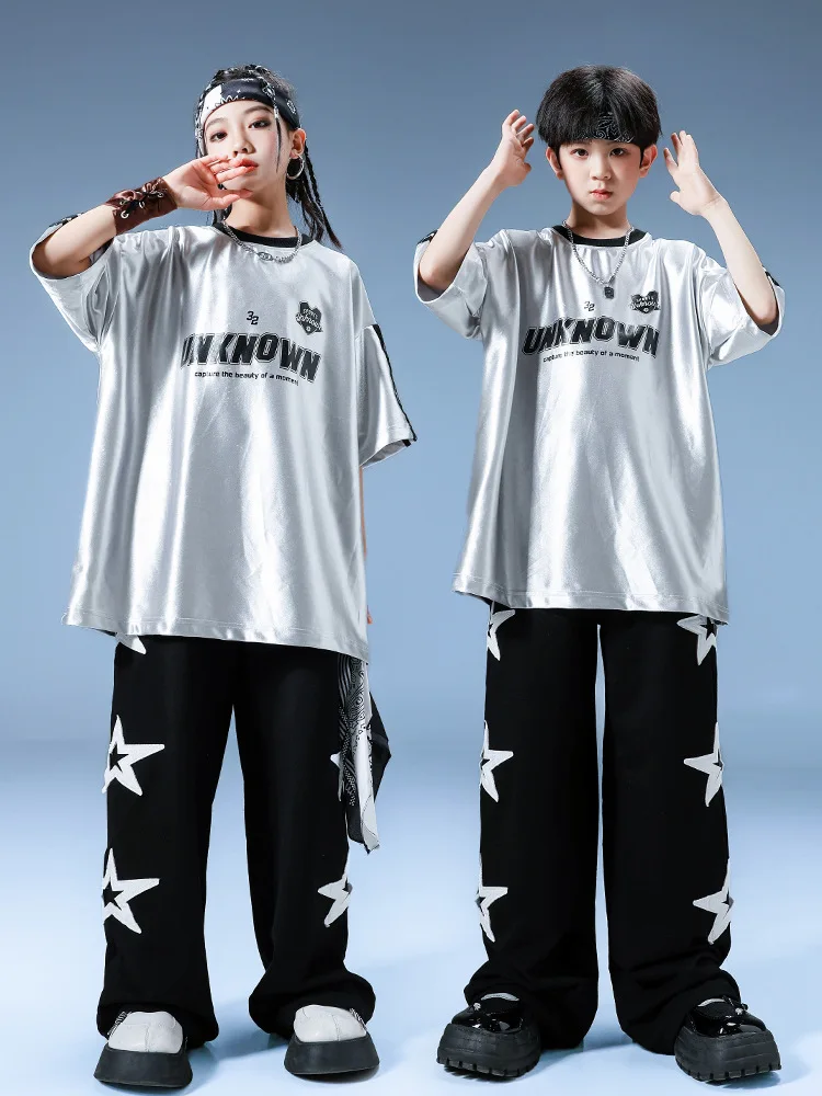 Boys Hip Hop Reflective T-shirt Loose Pants Girls Cool Sliver Sequin Streetwear Kids Street Dance Clothes Set Child Jazz Costume