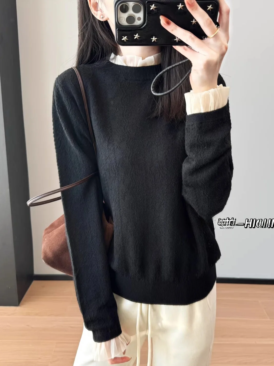 

e Long Sve Woolen Base irt Embroidered Ogees Soft Collar Silken Wool Blend Gentle Sle for Young Women