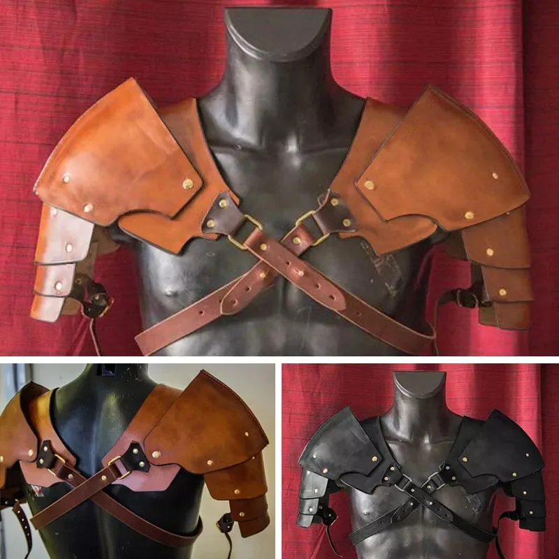 Disfraz de caballero vikingo Medieval para hombre, armadura de hombro de cuero PU, Steampunk, Pauldrons, arnés corporal para el pecho, cinturón para Larp