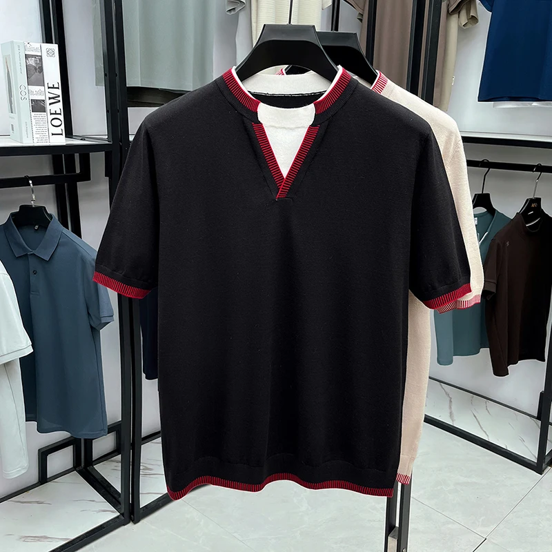 

2026 Fake Two-piece Short-sleeved T-shirt For Men's Inner Wear Summer New Loose Casual Brand High-end V-neck Knitted Bottoming