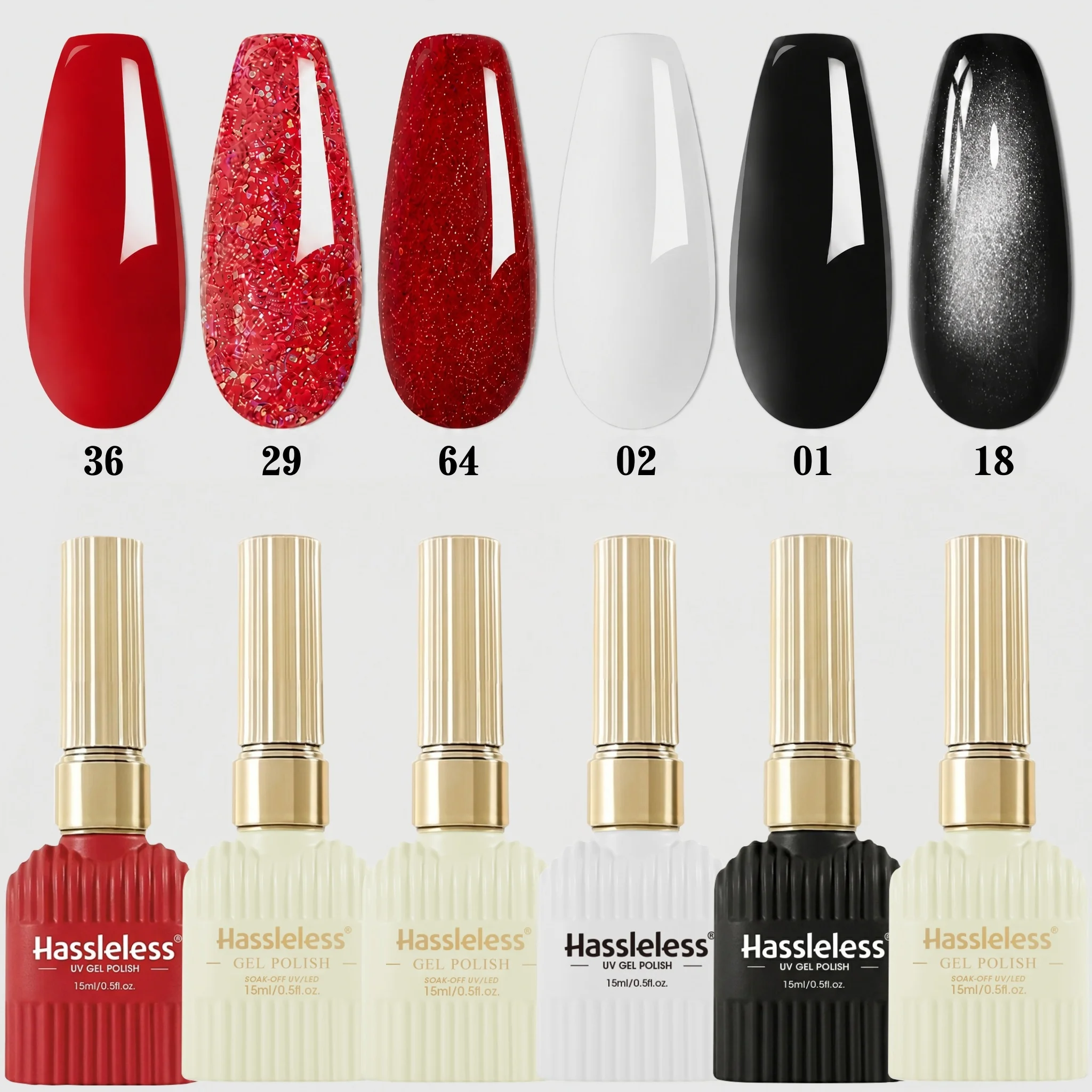 Hassleless 6Pcs Set Includes Rich Solid Red Color, Large Red Gemstone Sequins, Fine Red Glitter, Pure Milky White, Classic Pure Black, Black Base with Silver Crushed Diamond Cat Eye; a Combination of Solid Colors, Glitter, and Cat Eye Effects, Removable Nail Art, Suitable for Both Salon-Grade Gel Manicure and DIY Home Nail Art
