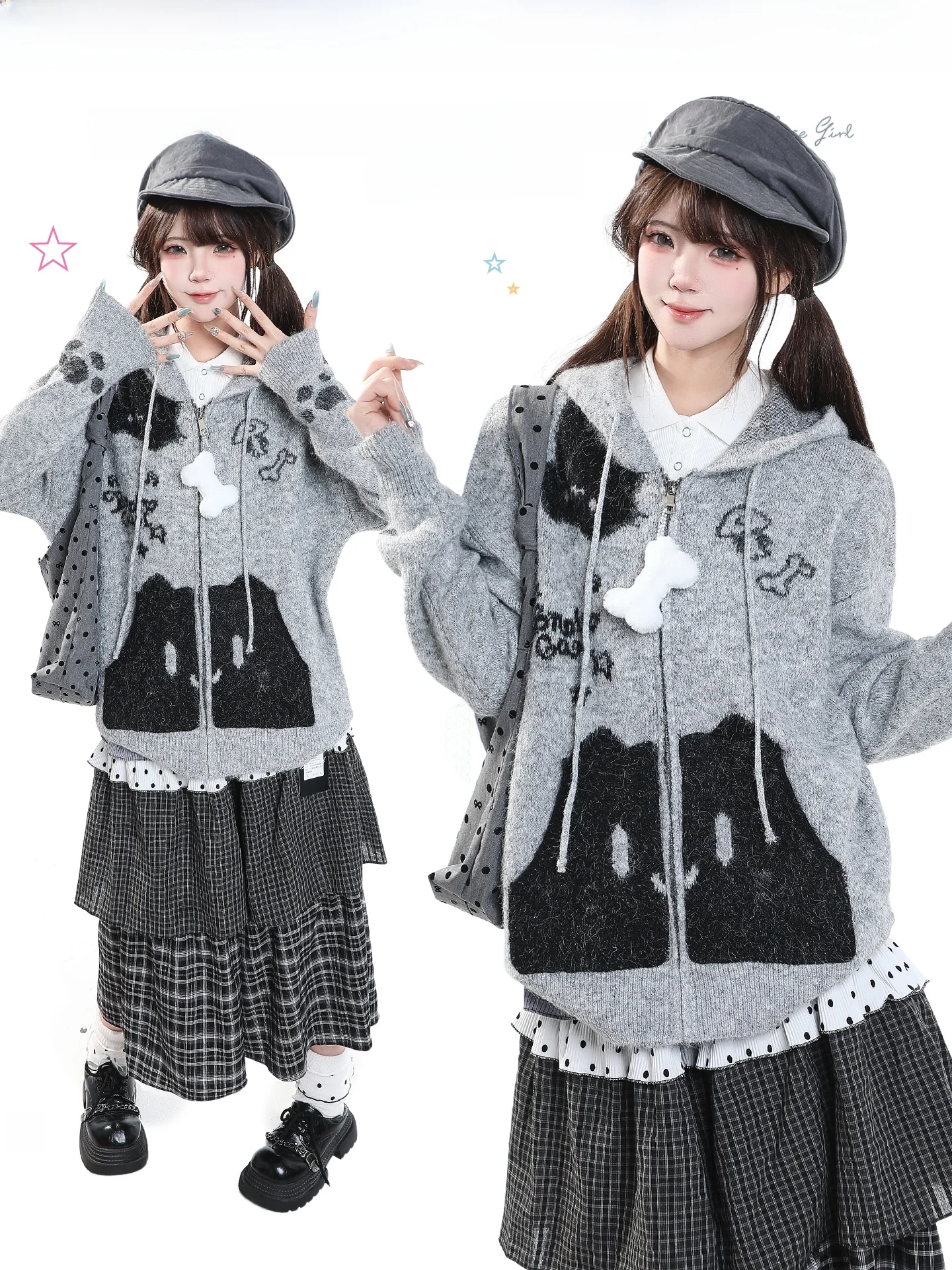Sweet Cool Cartoon Print Hooded Knitted Sweater Women's Loose Casual Soft Warm Cardigan Coat Autumn 2026 Fashion Trend