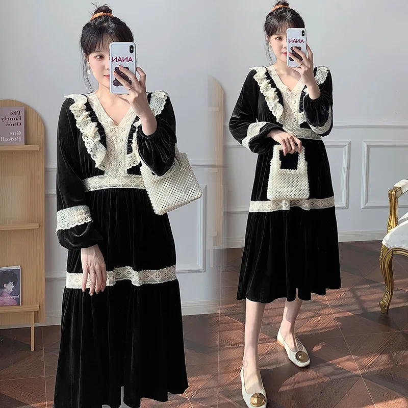 2024 Spring New Fashion Black Pleuche Maternity Long Party Dress A line Loose Clothes for Pregnant Women Chic Pregnancy