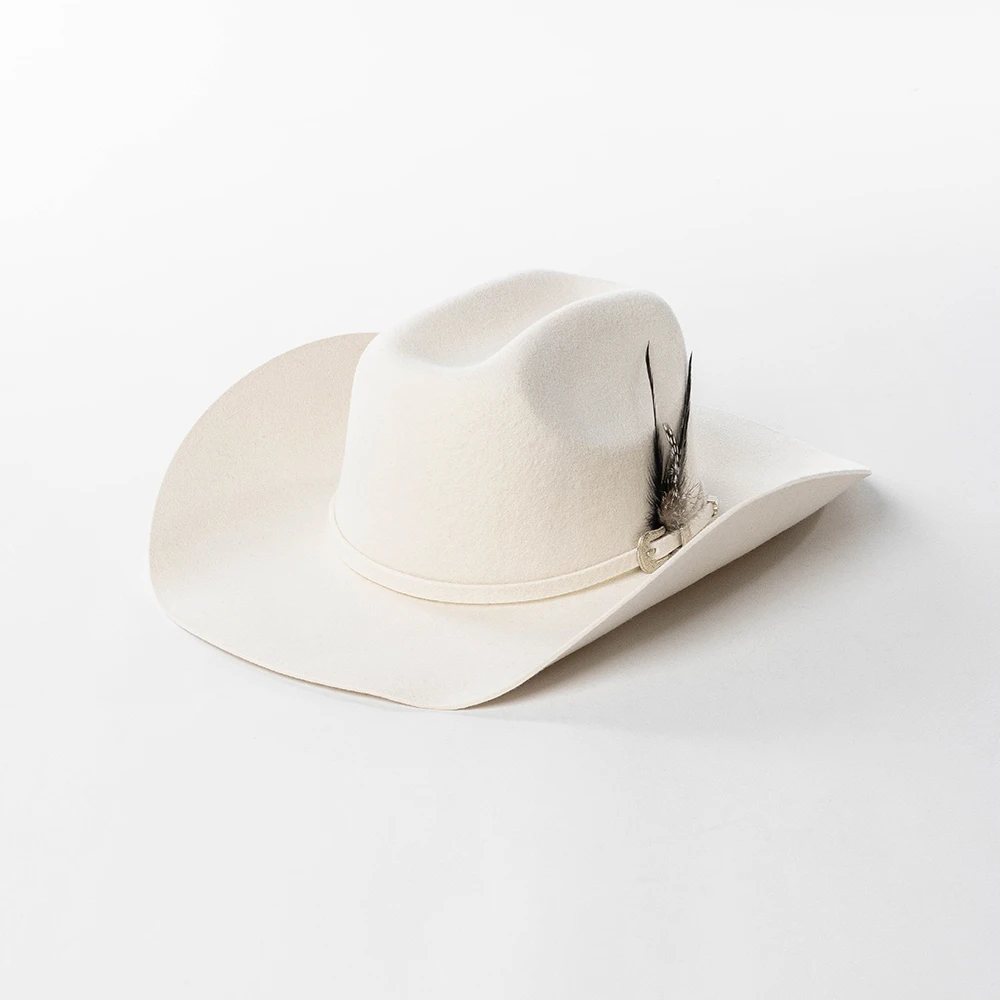 100% Wool Felt Cowbot Hat with Belt and Feathers Unisex Wide Brim Cowboy Hat