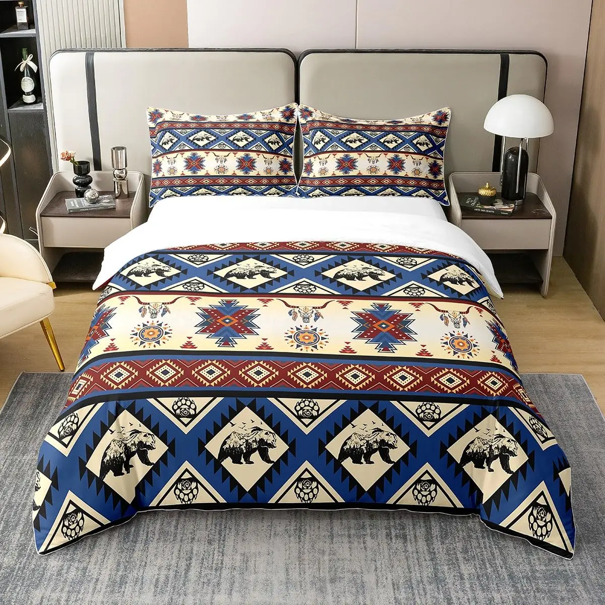 

Western Duvet Cover, Comforter Cover Boho Tribal Geometry Aztec Bedding Set Queen King, Bull Print Bed Sets with 2 Pillow Shams