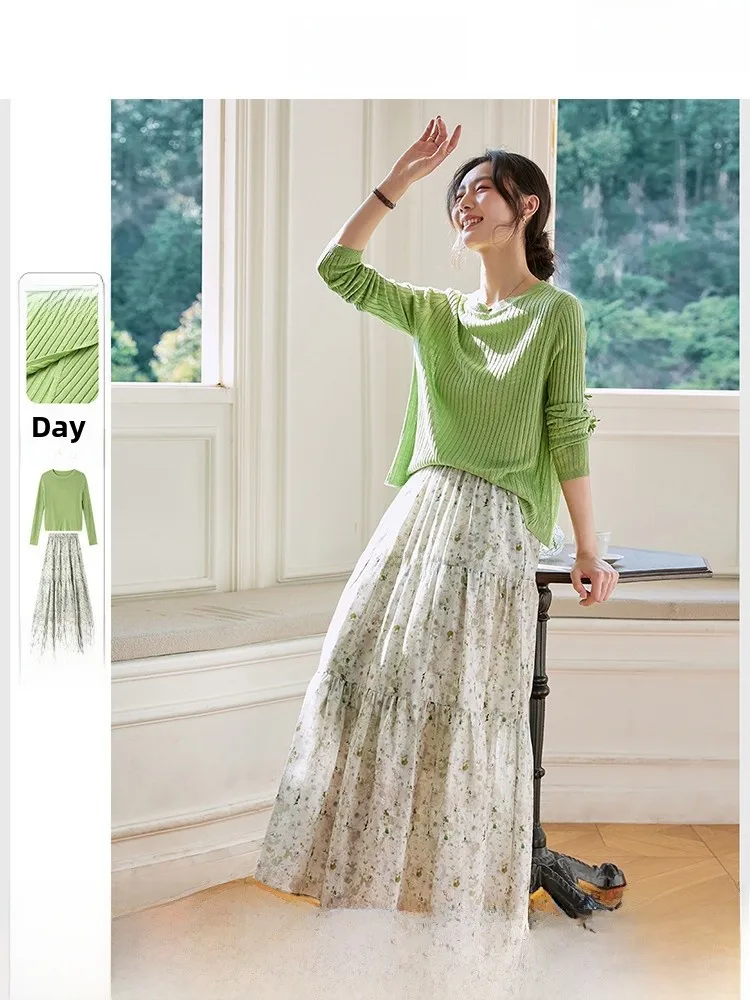 

Spring Autumn Floral Knitted Set Women's Long Sve round Ne Two-Piece Outfit Breathable Commute Sle Casual Faion