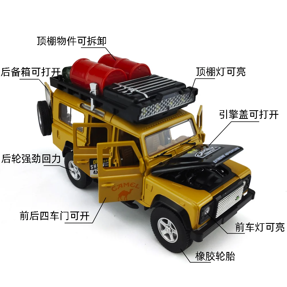 1:32 Land Rover Defender 110 CAMEL TROPHY Legering Model Auto Geluid en Licht Trek kinderen Speelgoed Collectibles verjaardagscadeau