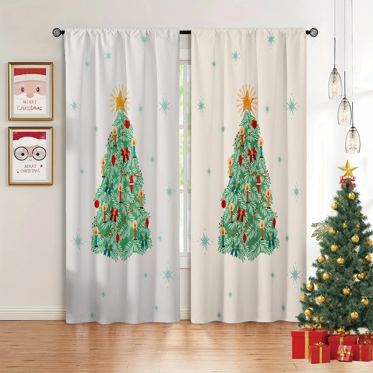 Curtains With A Cartoon Christmas Tree Print—Festive Holiday Decor For Children's Rooms Or Dining Areas; A Great Gift For Kids.