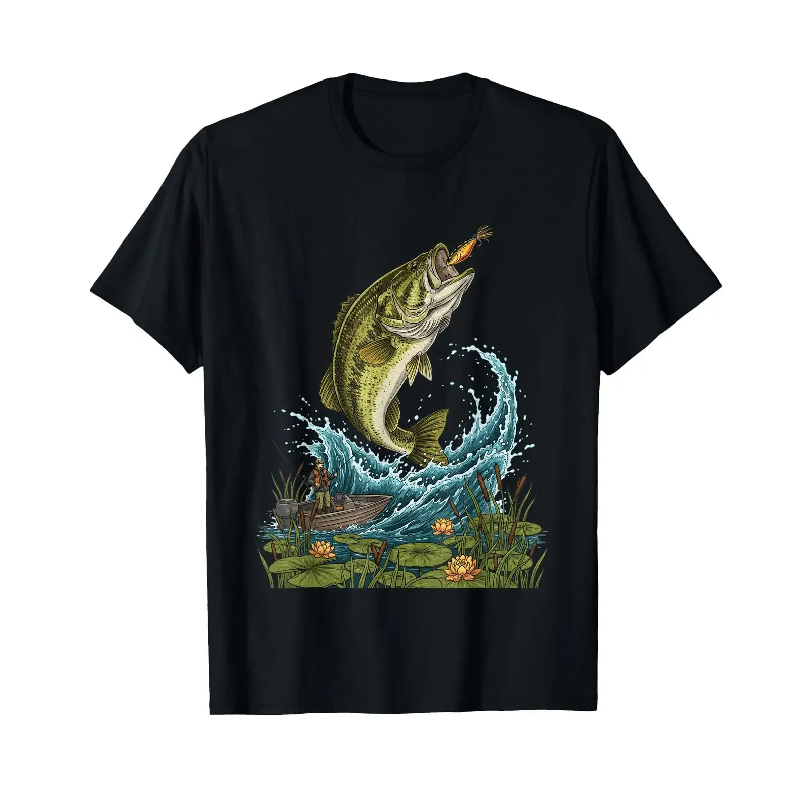 Big Bass Jumping Fish Lure for Angler Fishing Boat T Shirt vintage Washed streetwear fashion Versatile Comfortable