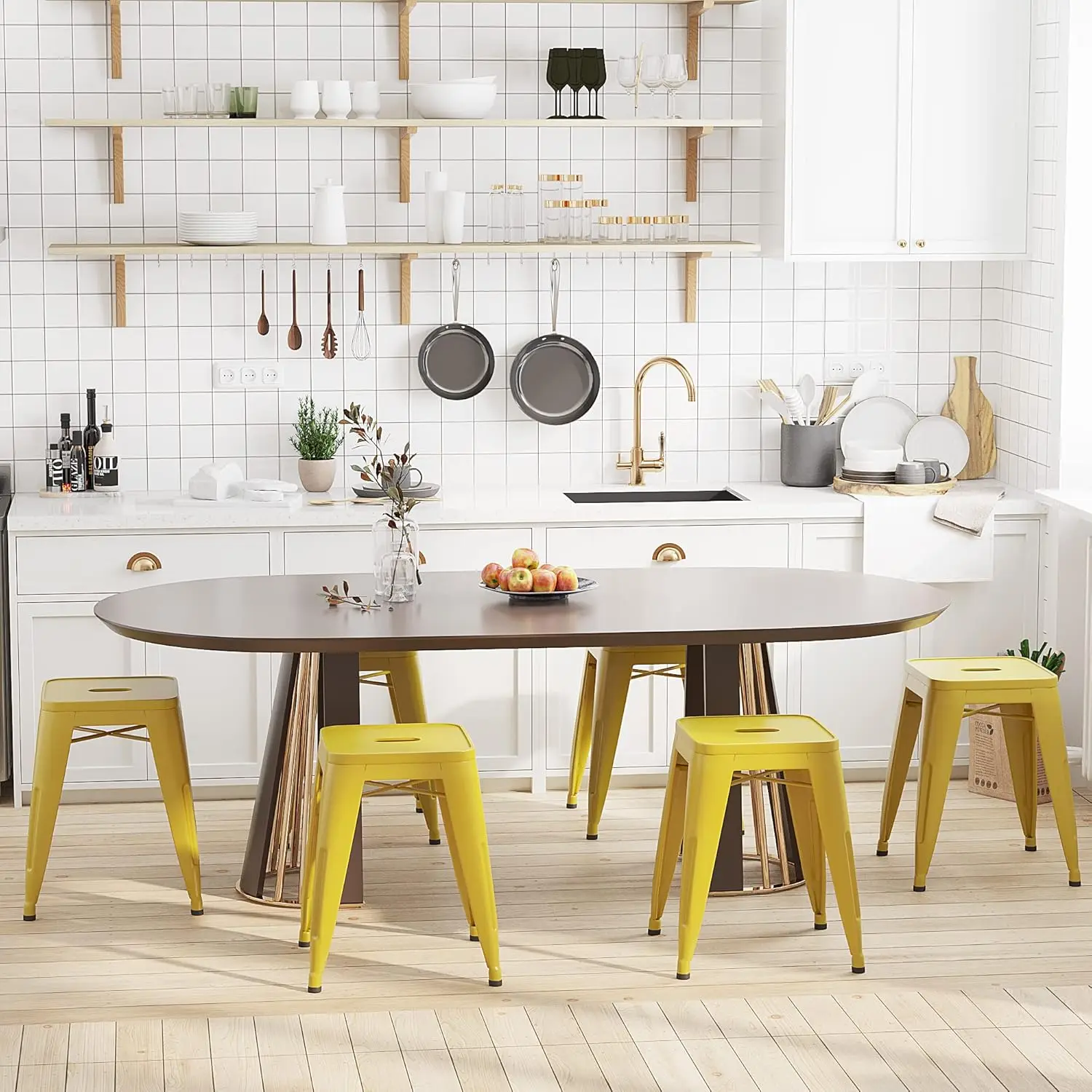 18 Inch Stools Set of 4 Metal Vintage Stackable Backless for Classroom Home Kitchen Kids Yellow