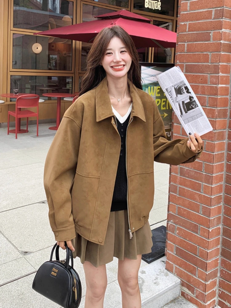 Chaqueta de béisbol de gamuza Camel para mujer, abrigo recortado de estilo universitario coreano, ropa de abrigo de gamuza sintética suave y pequeña, otoño y primavera