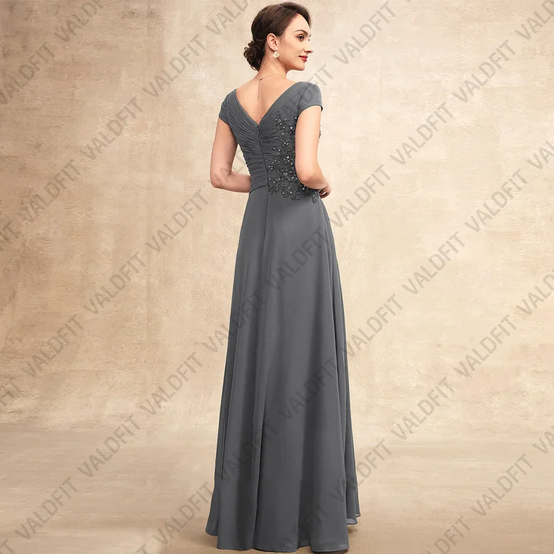 Customized Grey V Neck Mother of the Bride Dresses with Cap Sleeves for Wedding Party Dress vestido de festas elegante casamento