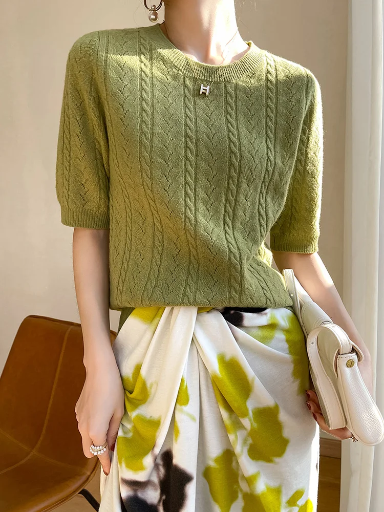 

New Chic Spring Summer Women's O-neck Short Sleeve Pullover Sweater 100% Merino Wool Hollow Out Twist Flower Cashmere Knitted