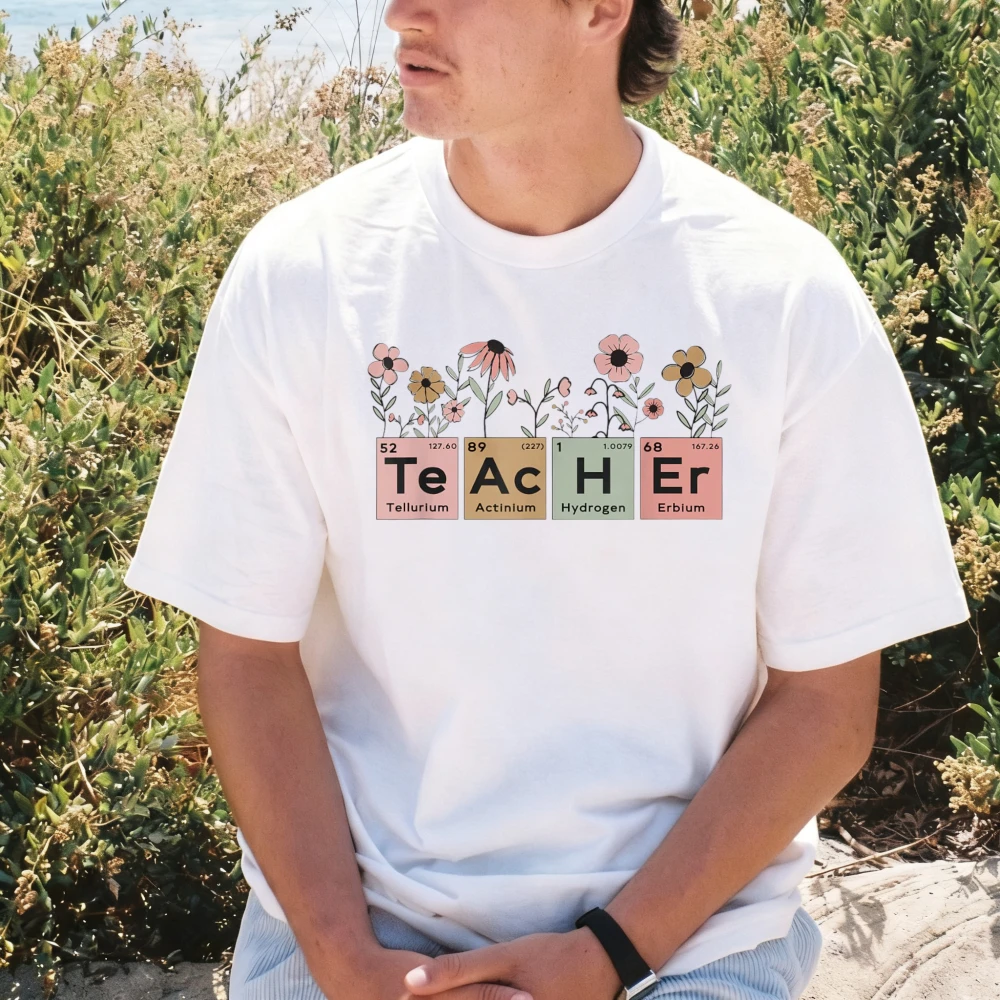 Science Teacher Periodic Table Floral Graphic Pinted T-Shirt Cotton Crew Neck Short Sleeve Casual Chemistry Gift Clothing