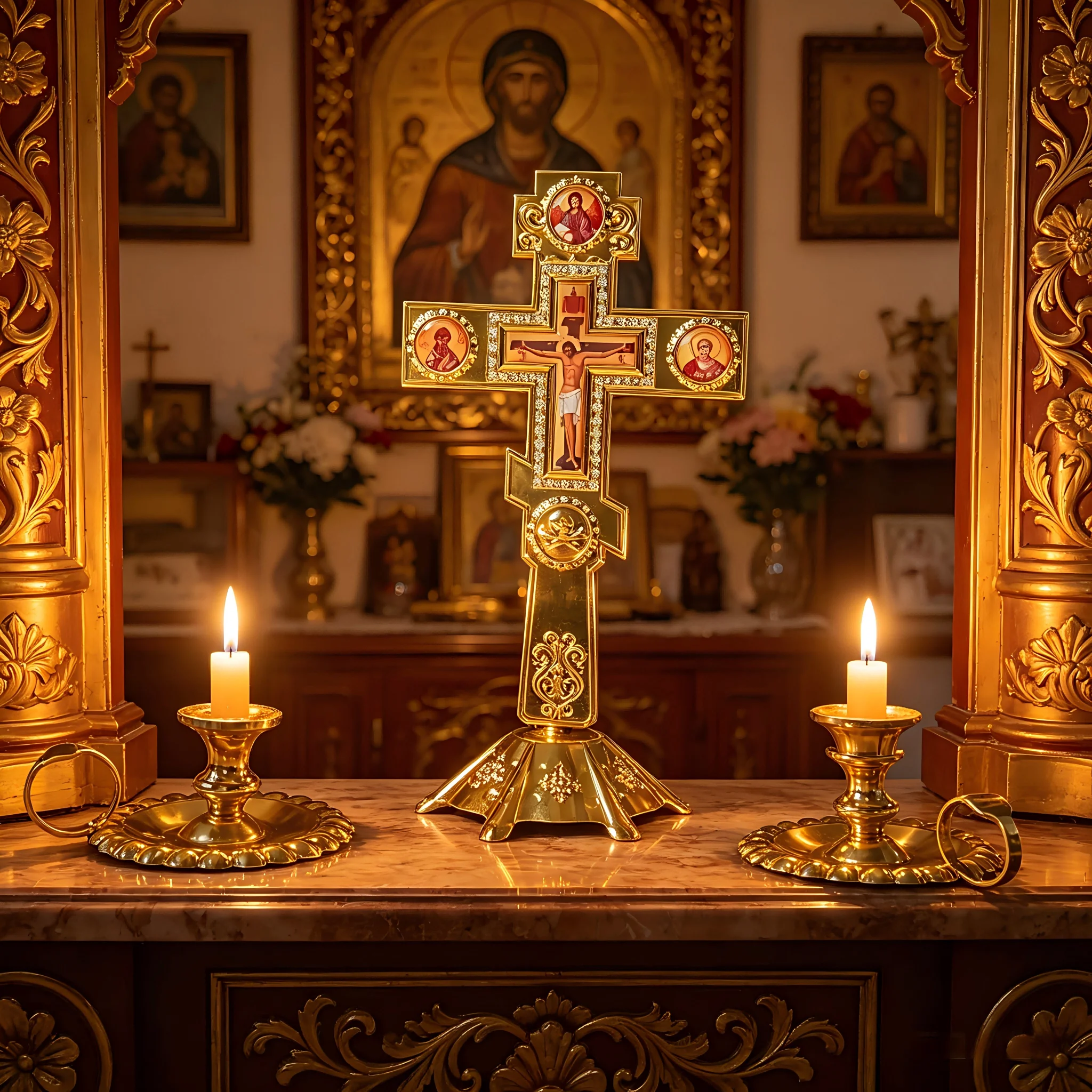 New Gold Plated Orthodox Standing Cross with Holy Icons Base for Church Liturgy Home Altar Prayer Christian Religious Gift Decor