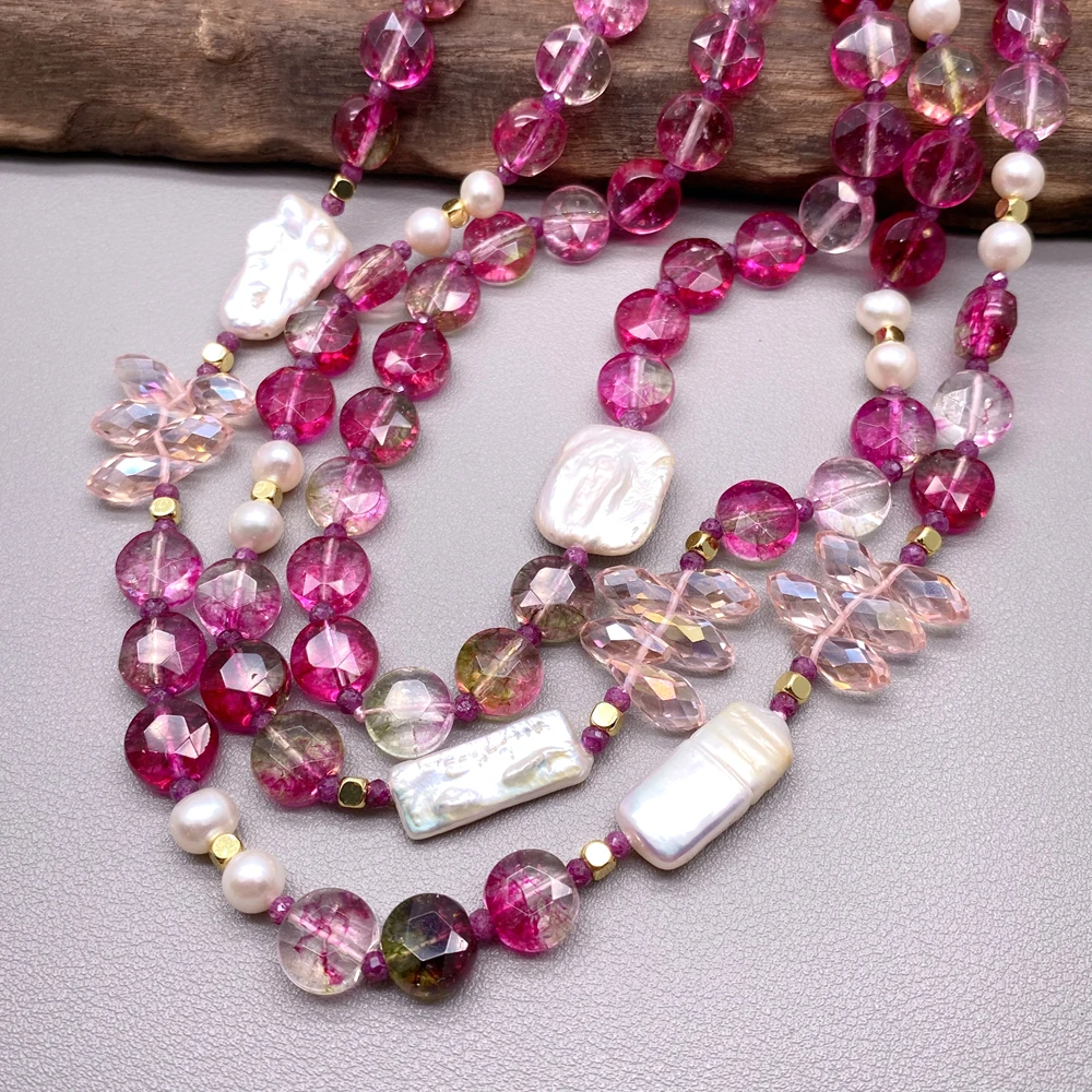 Y·YING 3 Rows Fuchsia Coin Faceted Crystal White Rectangle Pearl Necklace Multi Statement Jewelry