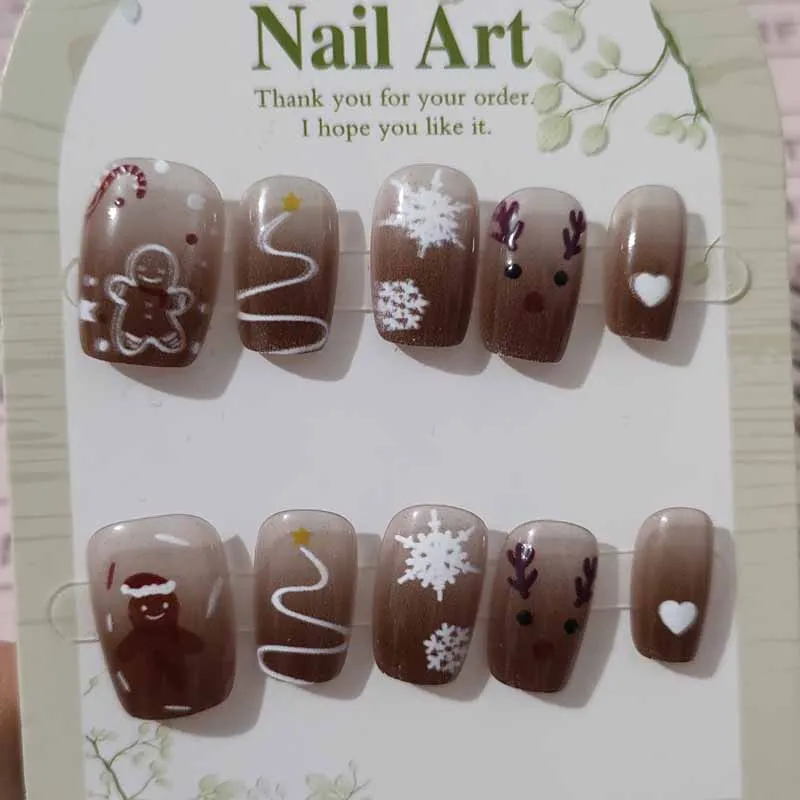10 Pcs Cute Christmas Snowflake Milu Deer Handmade Press on Nails Short Style Cat Eye Nails Patch Detachable Fake Nail Patches