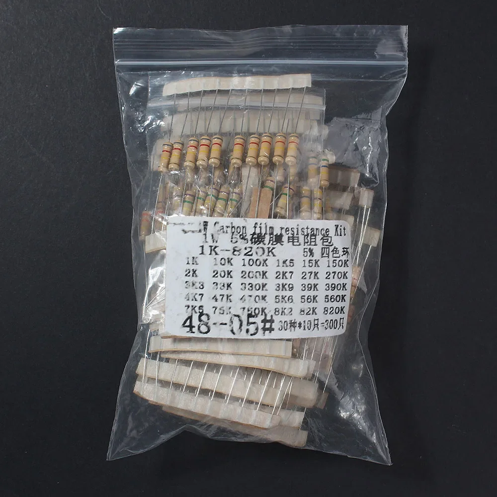 300PCS 1W Carbon Film Resistor set,30Values*10pcs,1K~820K ohm, 0.1R~750R, Resistor Range Assortment Kit 5% Color Ring Resistance