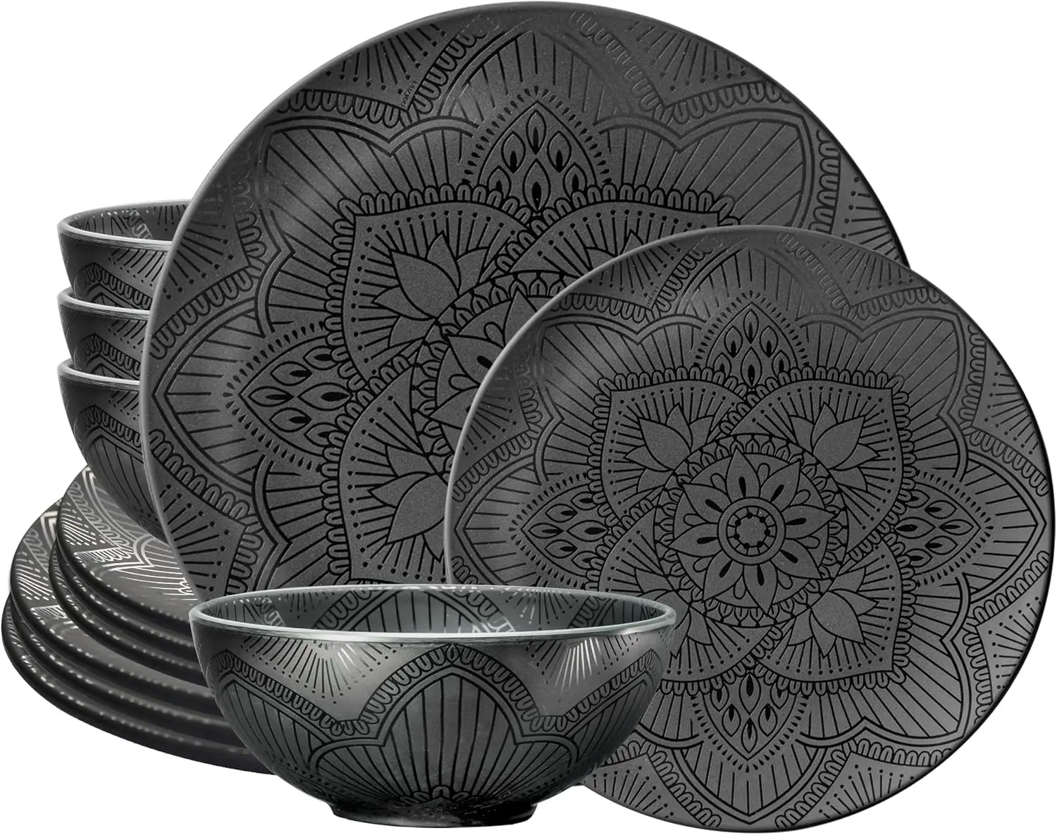 

12 Piece Melamine Dinnerware Set - Durable, Dishwasher Safe Black Plates & Bowls for Parties, Camping