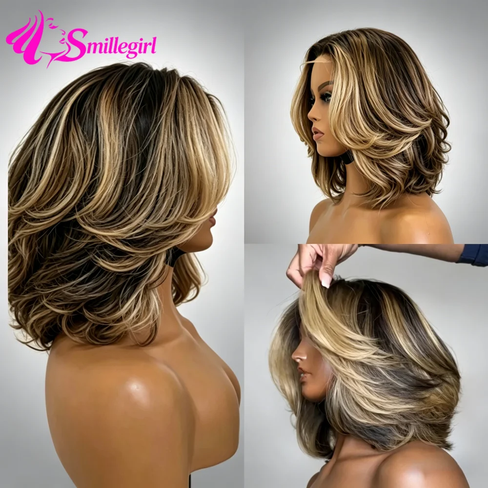

250% Density Honey Blonde Highlights Layered Cut Bob 5x5 Lace Closure Wig 16 Inch Short BOB Brazilian Pre Plucked Human Hair