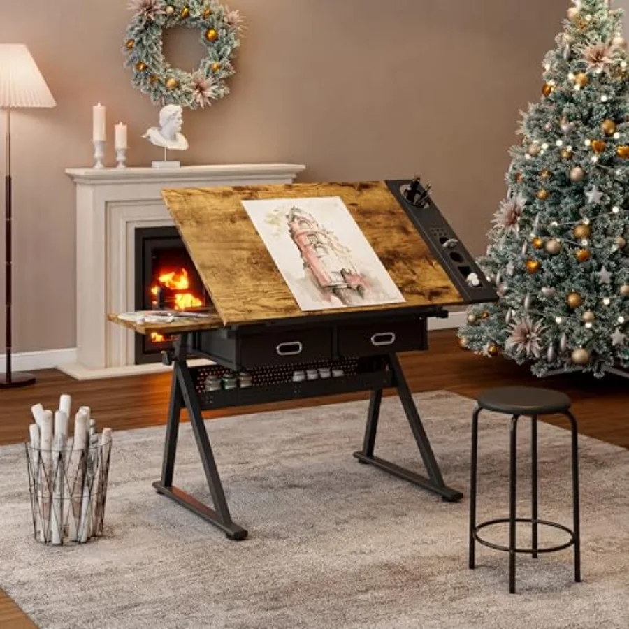 Height Adjustable Drawing Table with Stool Drafting Table for Artists Painting Table Art Craft Desk with 0-75° Tilting Wood Tab