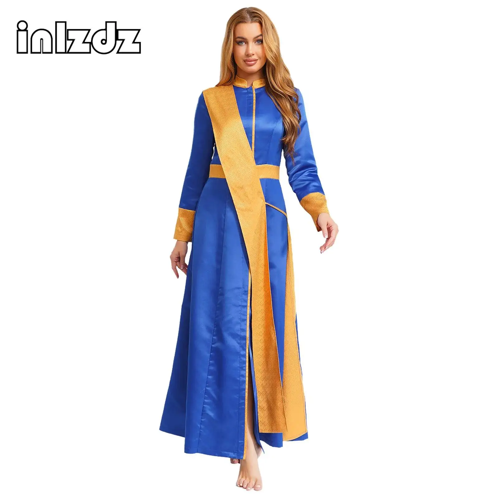 

Womens Halloween Priest Cosplay Robe with Stole Front Zipper Long Sleeve Jacquard Spliced Pastor Vestments Catholic Chasuble
