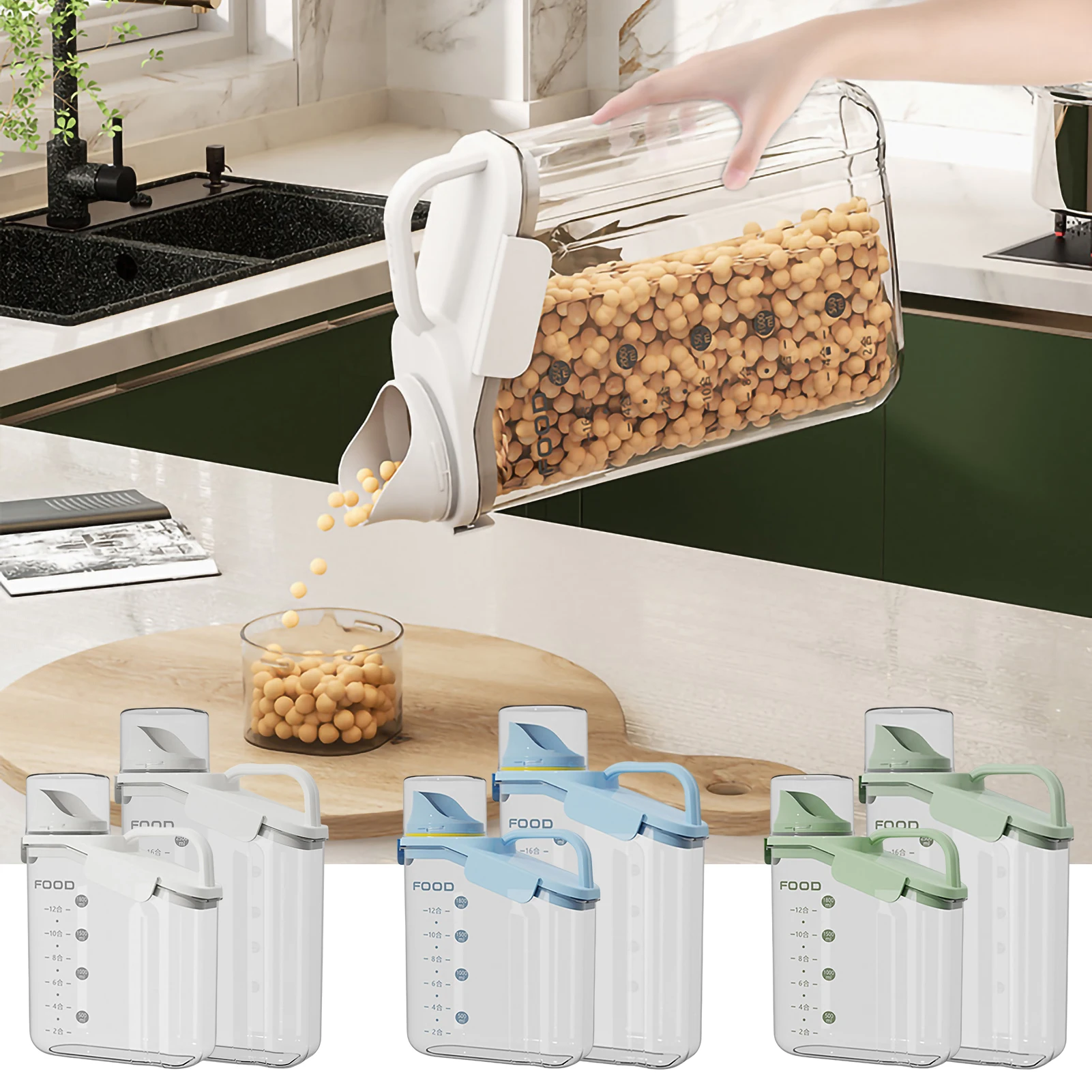 Grain Storage Box Cereals Container Scale Handle Food Bean Sealed Jar Kitchen Large Capacity Grain Dispenser Oatmeal Bottle