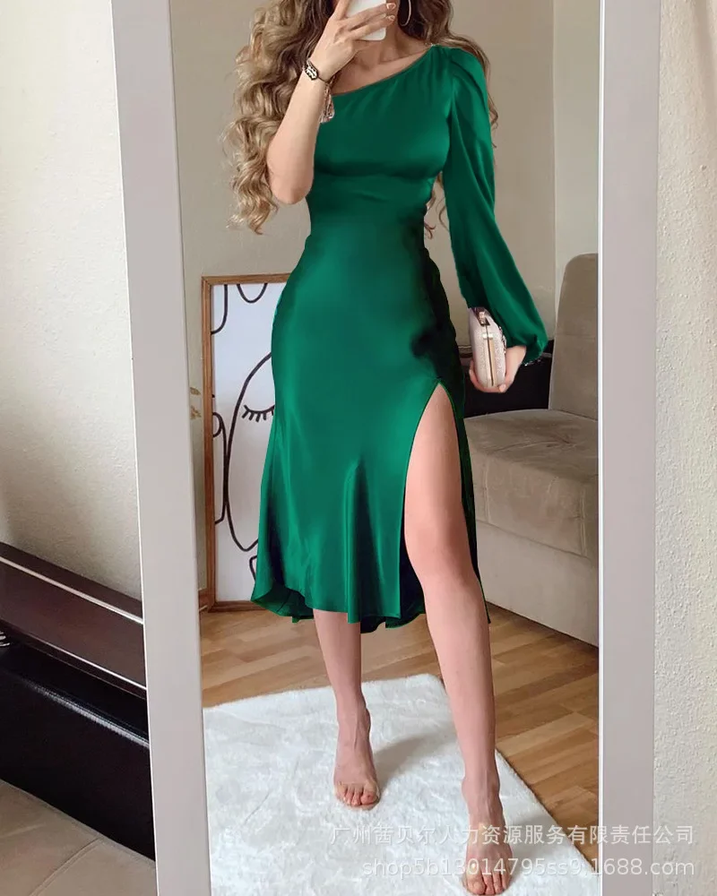 

Summer Elegant Sexy Dresses for Women New Oblique Shoulder Asymmetric Split Dress Woman